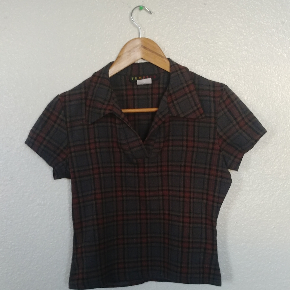 Vintage 90s Cropped Plaid Collared 70s style top